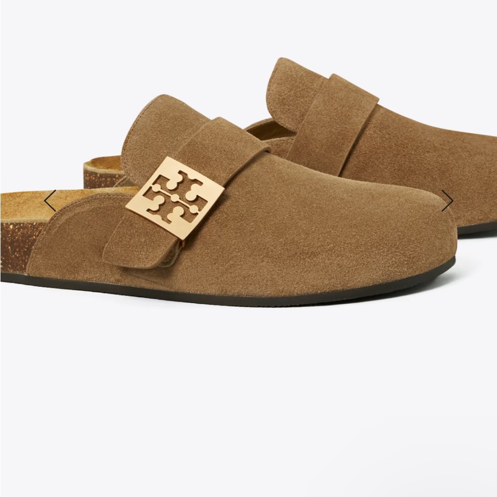Tory Burch Camel Suede Logo Buckle Mule